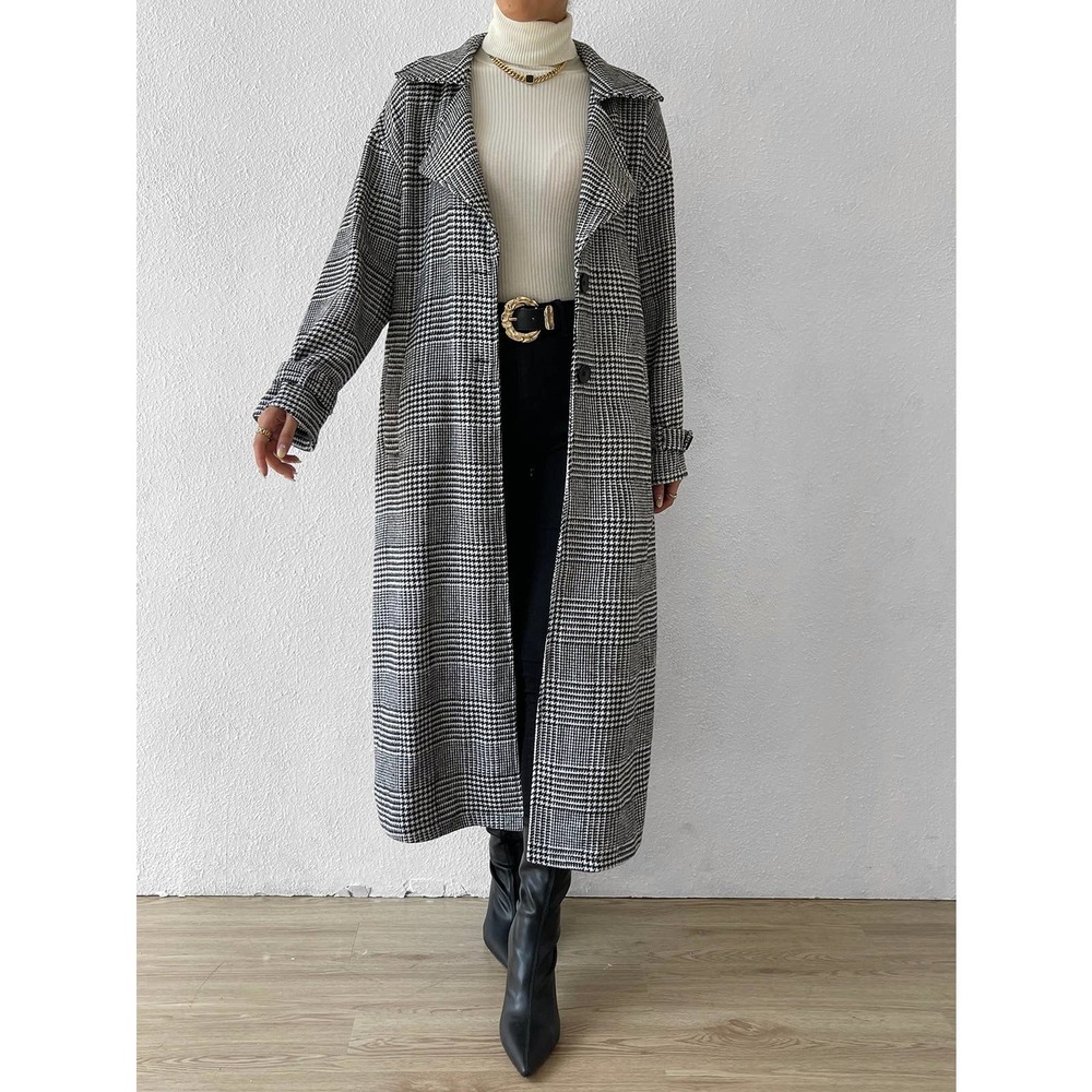 Gray black plaid long trench coat pea coat Belted Overcoat - Picture 4 of 6